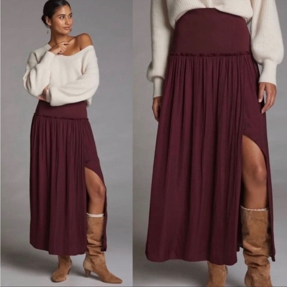 Anthropologie Current Air Maxi Skirt Red Maroon Elastic Waist A line Sz M